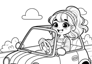 Prinzessin fährt rasend schnell Auto: Einfaches Ausmalbild für Kinder (Gratis)