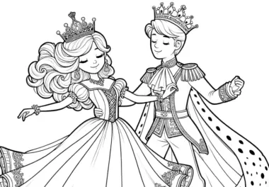 Kostenlose Malvorlage: Hübsche Prinzessin tanzt mit charmanten Prinzen