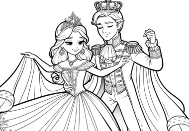 Prinzessin in prächtigem Kleid mit Prinz beim Festball: Bild zum Ausmalen (Gratis)