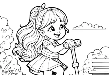 Malvorlage zum Ausdrucken: Prinzessin beim Rollerfahren im Park (Gratis)
