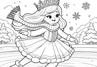 Prinzessin beim Schlittschuhlaufen auf gefrorenem See: Kostenloses Bild zum Ausmalen