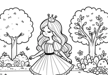 Prinzessin spaziert mit Leichtigkeit durch Park: Ausmalbild kostenlos