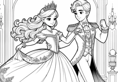 Schöne Prinzessin und Prinz im prunkvollen Schloss beim Tanz (Ausmalbild gratis)