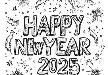 Frohes Neues Jahr 2025: kostenloses Ausmalbild