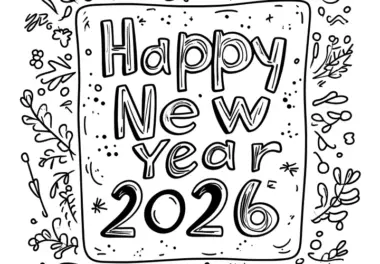 Happy New Year 2026: gratis Ausmalbild