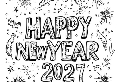 Happy New Year 2027: festlicher Schriftzug zum Ausmalen