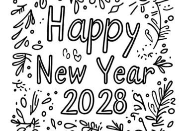 Frohes Neues Jahr 2028: festlicher Schriftzug zum Ausmalen