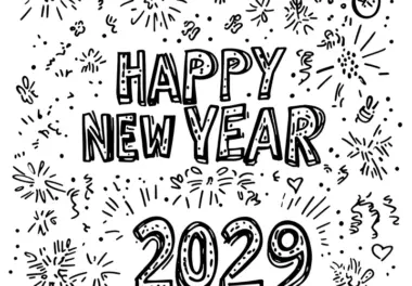Happy New Year 2029: festlicher Schriftzug zum Ausmalen