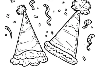 Partyhüte & Silvester-Konfetti: gratis Ausmalbild