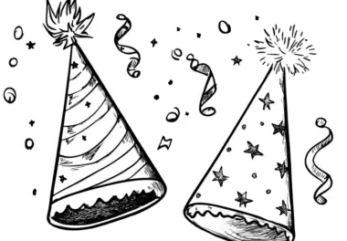 Zwei Partyhüte, Konfetti & Luftschlangen (Malvorlage)