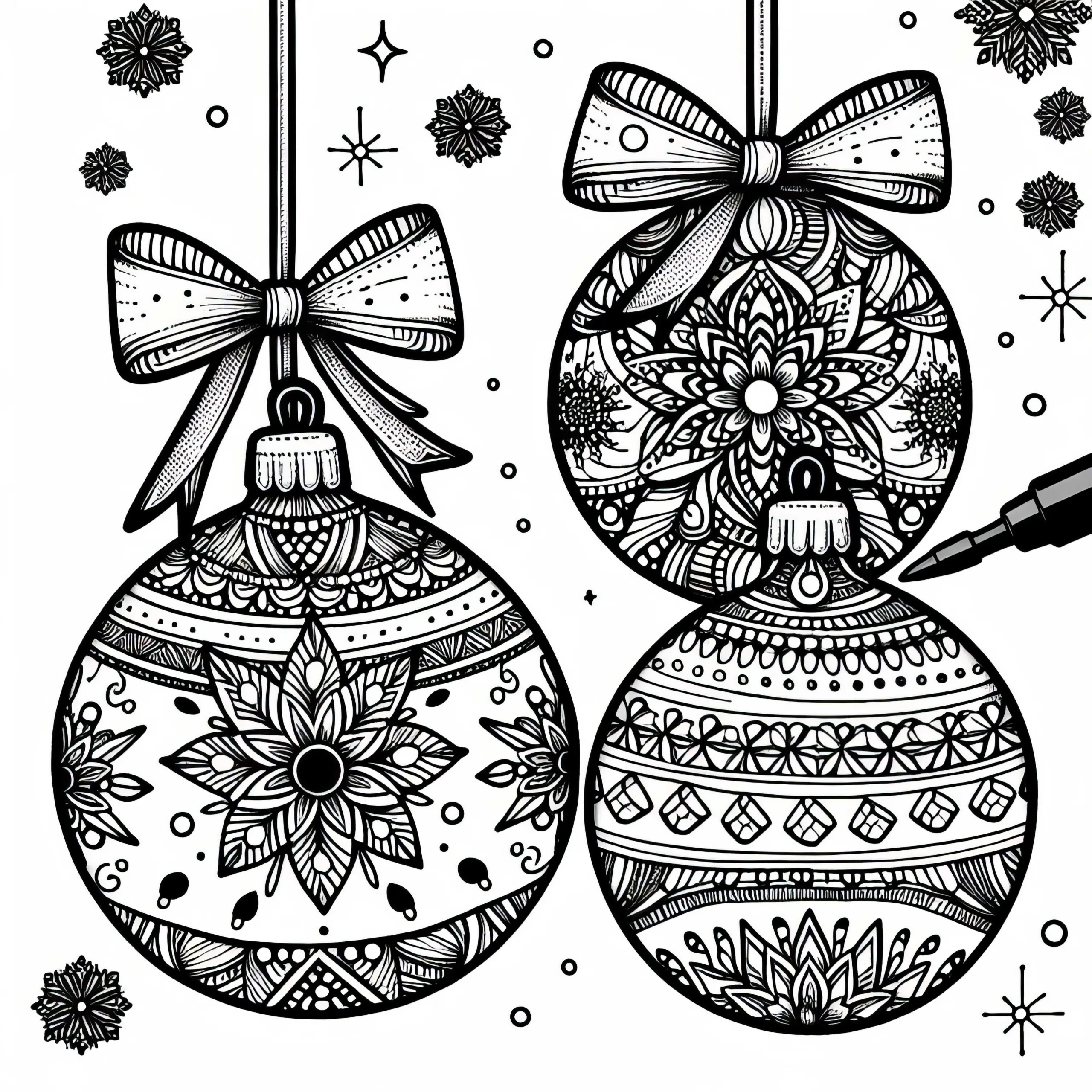 Weihnachtskugeln mit Mustern und Schleifen für deinen Adventskalender – Ausmalbild gratis