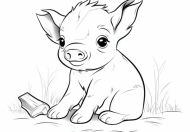 Kleines süßes Ferkel auf einer Wiese: Ausmalbild gratis zum Herunterladen