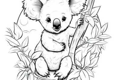 Koala sitzt im Eukalyptusbaum: Malvorlage zum Herunterladen