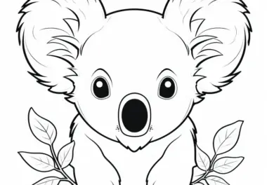 Koala sitzt zwischen Eukalyptuszweigen: Einfaches Ausmalbild für Kinder (Kostenlos)