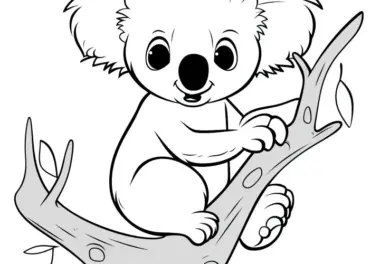 Flauschiger Koalabär auf einem Ast: Einfaches Ausmalbild für Kinder (Gratis)