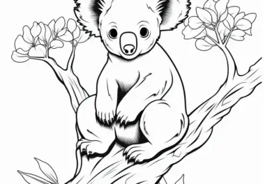 Hübscher Koalabär sitzt gemütlich auf Baum: Ausmalbild zum Herunterladen (Gratis)