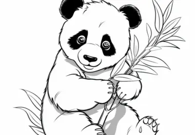 Großer Panda mit Bambuszweig und Spiralaugen: Kostenloses Ausmalbild