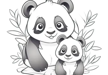 Panda-Mama und Kind mit Bambusblättern: Ausmalbild für Kinder (Kostenlos)