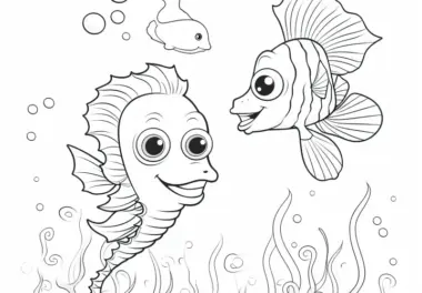 Lustiges Seepferdchen mit Fischen: Ausmalbild gratis zum Herunterladen