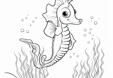 Freundliches Seepferdchen tanzt im Wasser: Kostenlose Malvorlage zum Download