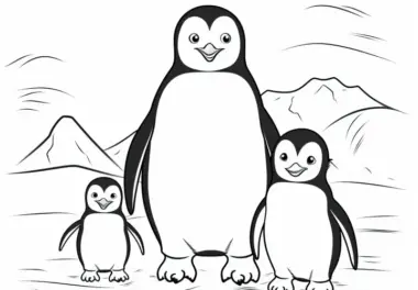 Niedliche Pinguinfamilie im Schnee: Ausmalbild kostenlos zum Download
