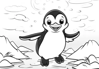 Fröhlicher Pinguin in Wasserlandschaft: Ausmalbild zum Herunterladen (Gratis)