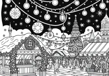 Weihnachtsmarkt mit Lichterketten und Buden – Adventskalender Ausmalbild Kostenlos