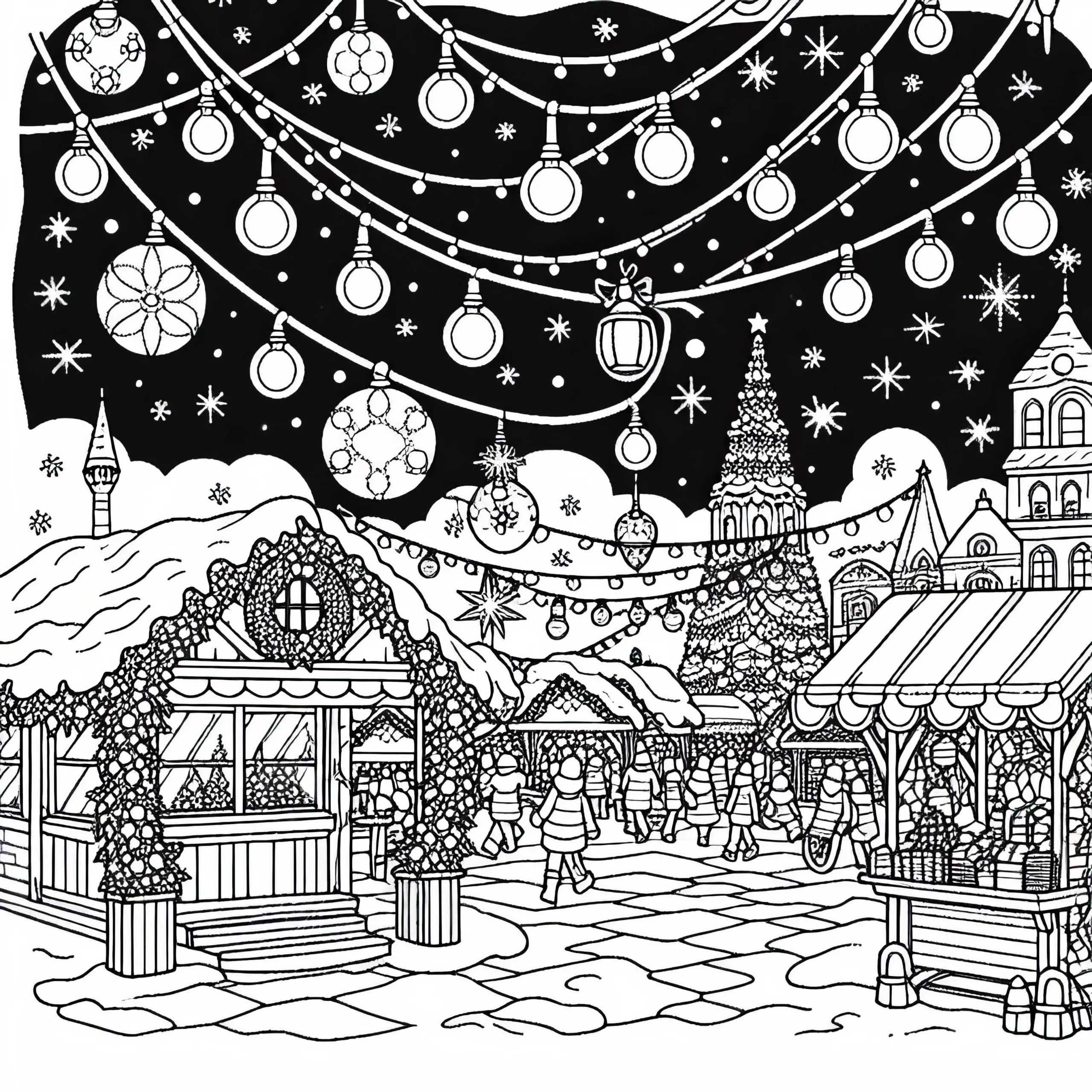 Weihnachtsmarkt mit Lichterketten und Buden – Adventskalender Ausmalbild Kostenlos