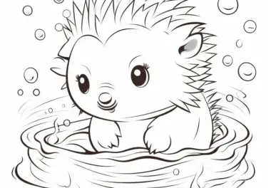 Niedlicher Igel spielt im Wasser: Ausmalbild zum Herunterladen (Kostenlos)
