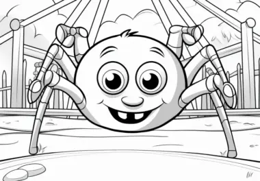 Lachende Spinne auf dem Spielplatz im Cartoon-Look: Ausmalbild zum Download (Kostenlos)