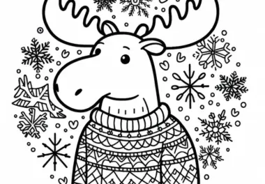 Elch im Pullover mit Schneeflocken im Hintergrund – Adventskalender Ausmalbild