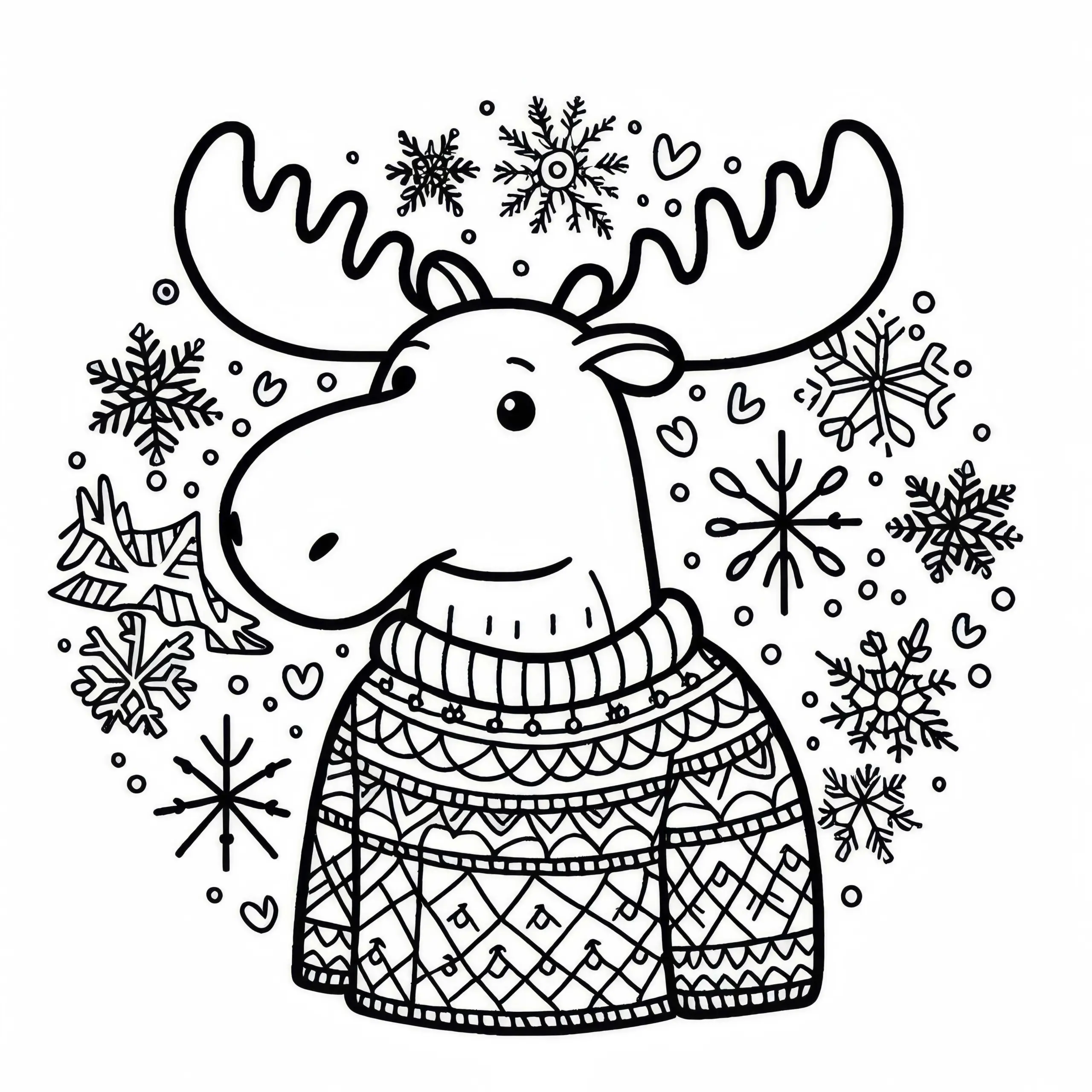 Elch im Pullover mit Schneeflocken im Hintergrund – Adventskalender Ausmalbild
