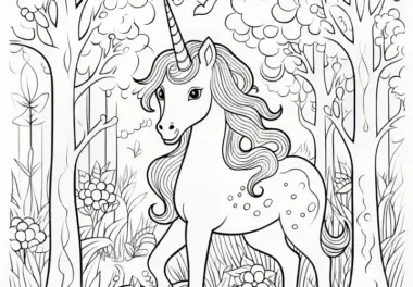 Einhorn mit glitzernder Mähne im Märchenwald: Bild zum Ausmalbild (Kostenlos)