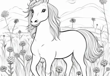 Einhorn in der Prärie vor Berglandschaft: Kostenloses Ausmalbild zum Download
