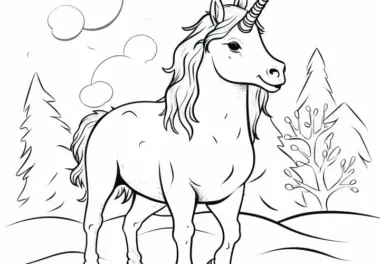 Einhorn stapft durch Schneelandschaft: Ausmalbild für Kinder (Kostenlos)