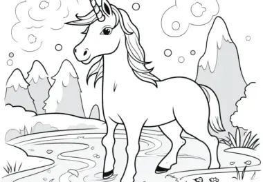 Einhorn in verschneiter Berglandschaft: Einfaches Ausmalbild (Kostenlos)