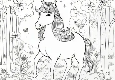 Einhorn im magischen Wald: Detailliertes Ausmalbild für Kinder (Gratis)