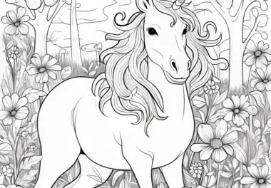 Einhorn im farbenfrohen Blumenwald: Detailreiches Ausmalbild zum Ausdrucken (Kostenlos)