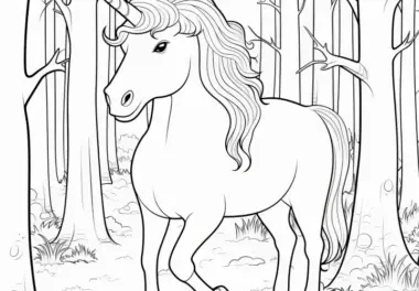 Einhorn im mystischen Wald: Einfaches Ausmalbild (Gratis herunterladen)