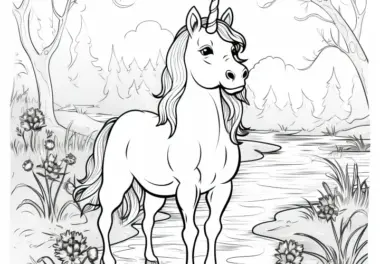 Magisches Einhorn am Waldbach: Bild zum Ausmalen (Kostenlos)
