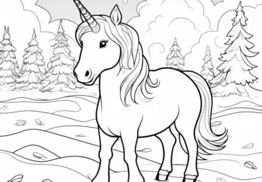 Einhorn in zauberhafter Winterlandschaft: Ausmalbild für Kinder Gratis