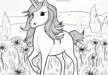 Einhorn auf wunderschöner Blumenwiese: Ausmalbild kostenlos zum Download
