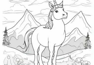 Einhorn-Dame vor Berglandschaft: Ausmalbild kostenlos zum Download