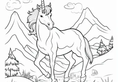Einhorn-Hengst vor magischer Bergkulisse: Ausmalbild für Kinder (Kostenlos)