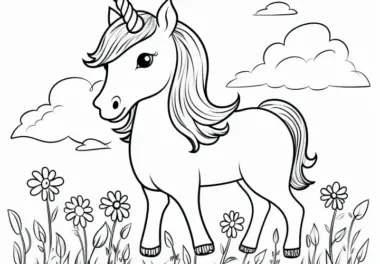 Niedliches Einhorn-Pony auf Blumenwiese: Einfaches Ausmalbilder für Kinder (Kostenlos)