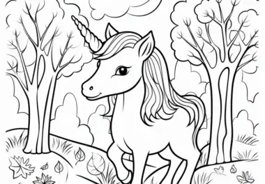 Kleines Einhorn-Pony im bunten Herbstwald: Ausmalbild zum Download (Gratis)