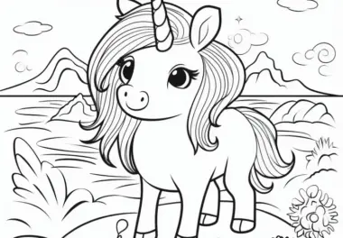 Niedliches Einhorn-Pony am Meeresufer: Gratis Ausmalbild zum Download (Gratis)