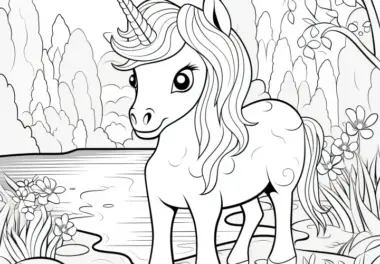 Einhorn-Pony am Teich vor Berglandschaft: Ausmalbild für Kinder (Kostenlos)