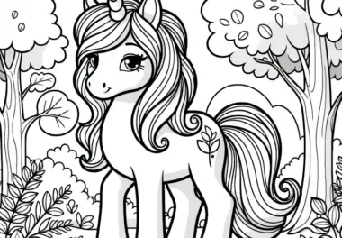 Niedliches Einhorn-Pony im geheimnisvollen Wald: Einfaches Ausmalbild (Kostenlos)