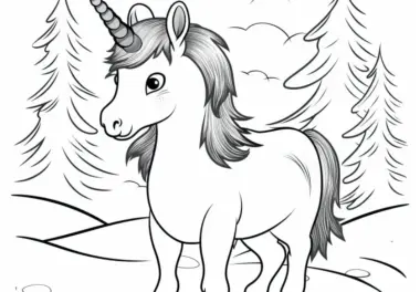 Erstauntes Einhorn-Pony in Winterlandschaft: Einfache Malvorlage (kostenlos)